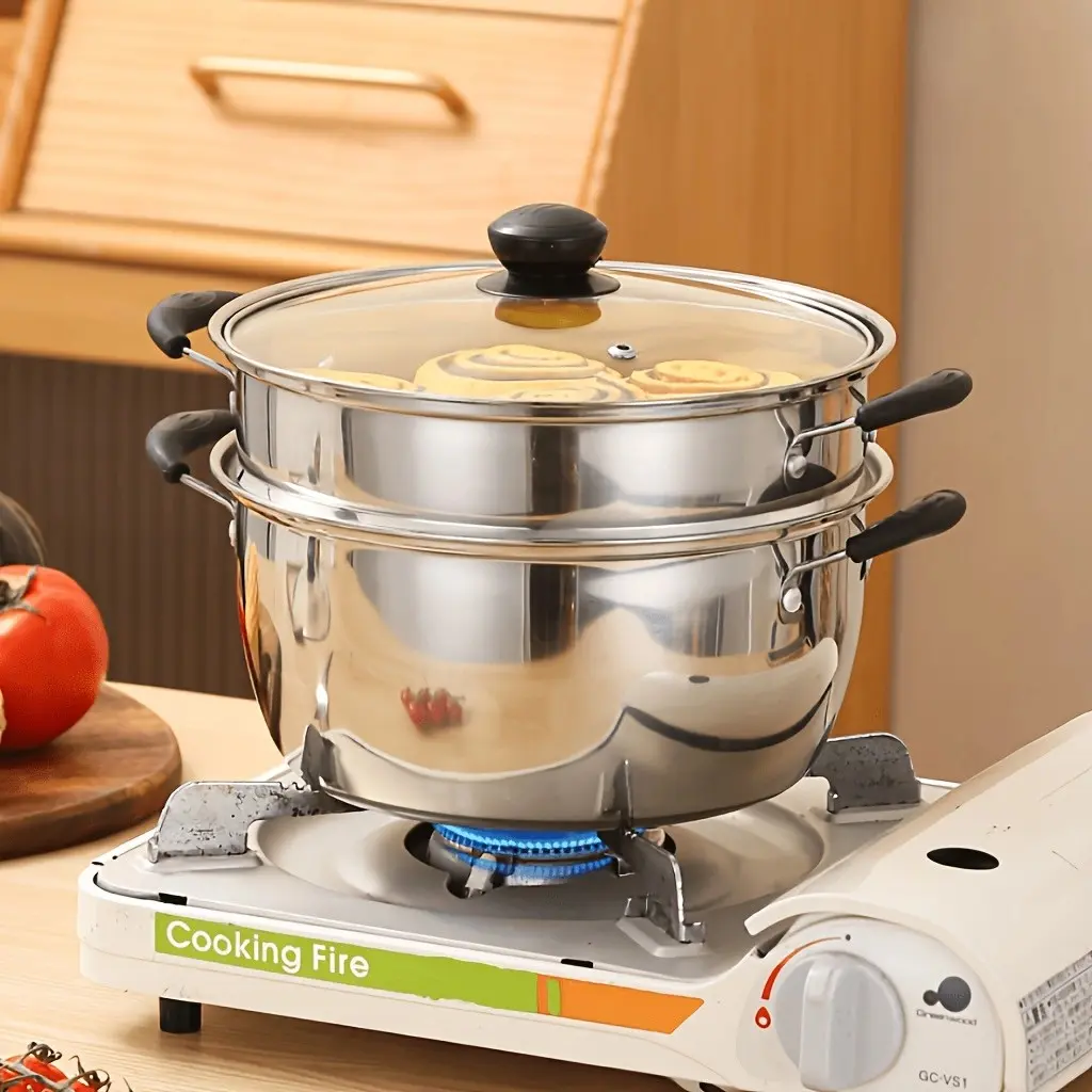 Double Layer Stainless Steel Small Steamer Pot for Cooking with Glass Lid, 18cm Multifunctional Soup Pot, Dishwasher Safe, Gas & Electric Stove Compatible