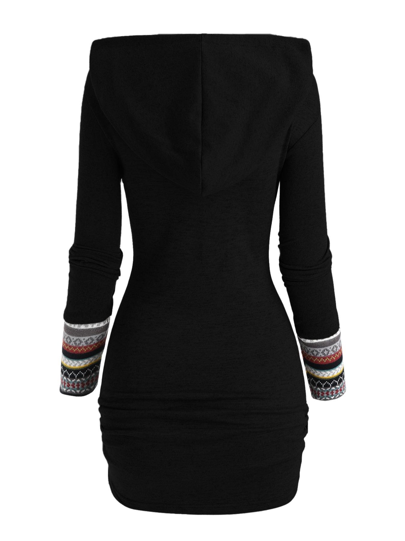 Women's Ethnic Pattern Patchwork Button Decor Hooded Dress, Casual Long Sleeve Bodycon Dress for Daily Outdoor Wear, Women Knitwear for Fall, Womenswear Clothes