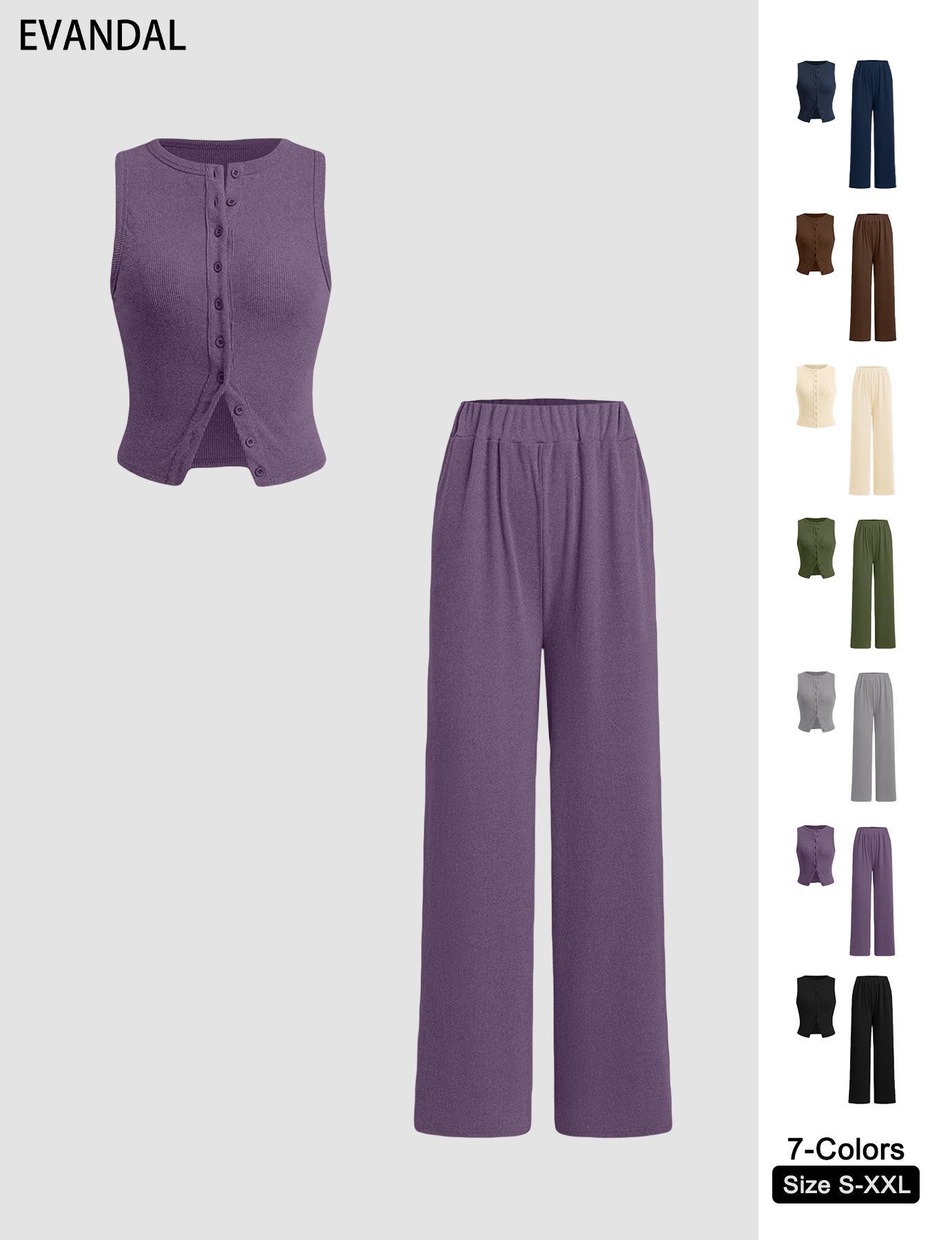 Women's Basic Fitted Solid Ribbed Button Tank Top & Straight Leg Pants Two-piece Set, Casual Sleeveless Top & Trousers for Daily Wear, Ladies Two-piece Outfits for All Seasons, Clothes,Airport Outfit