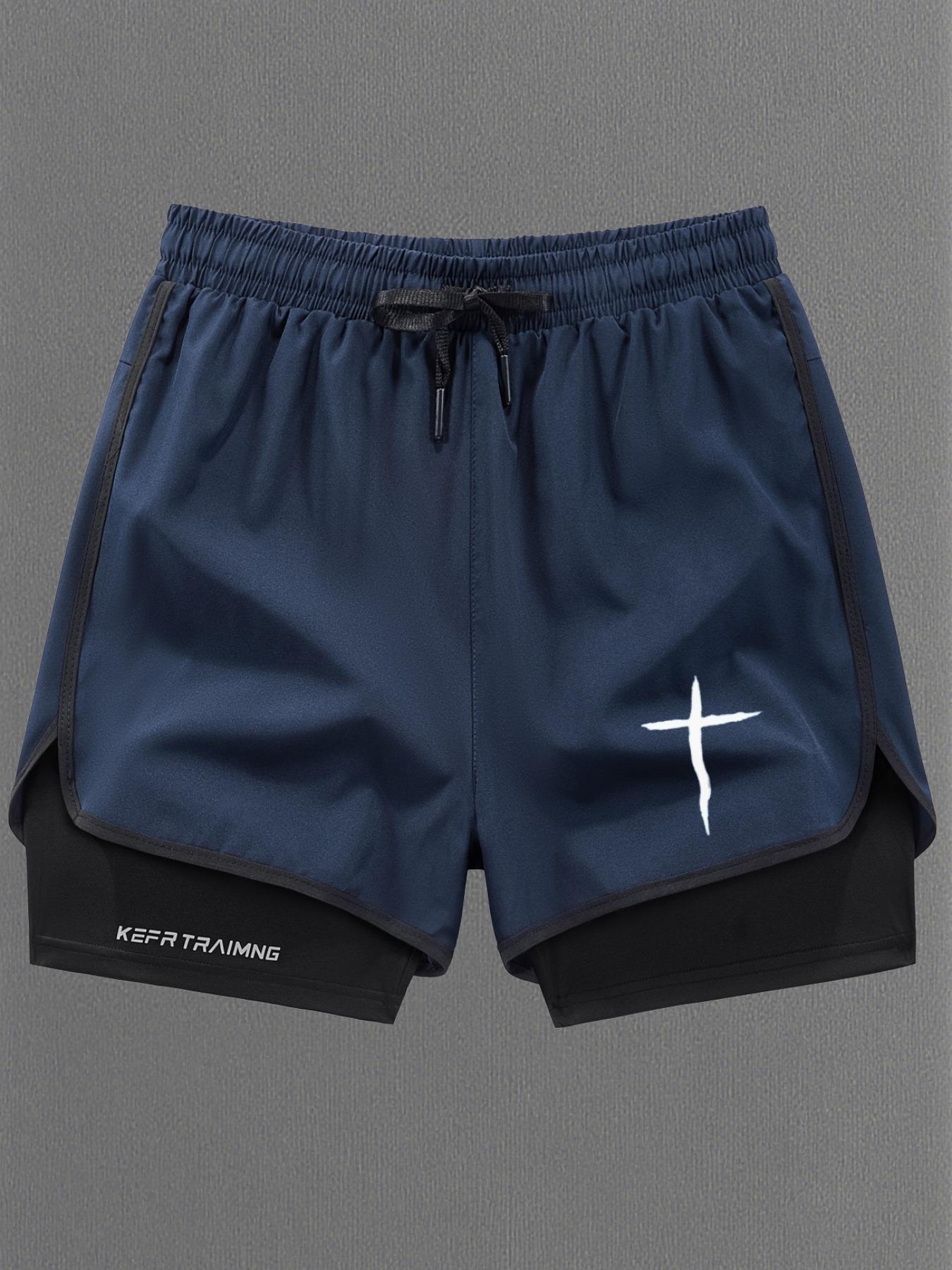 Men Women Regular Fit 2-In-1 Drawstring Waist Sport Shorts, Summer Pocket Print Casual Half Yoga Exercise Shorts, Fashionable Daily Wear