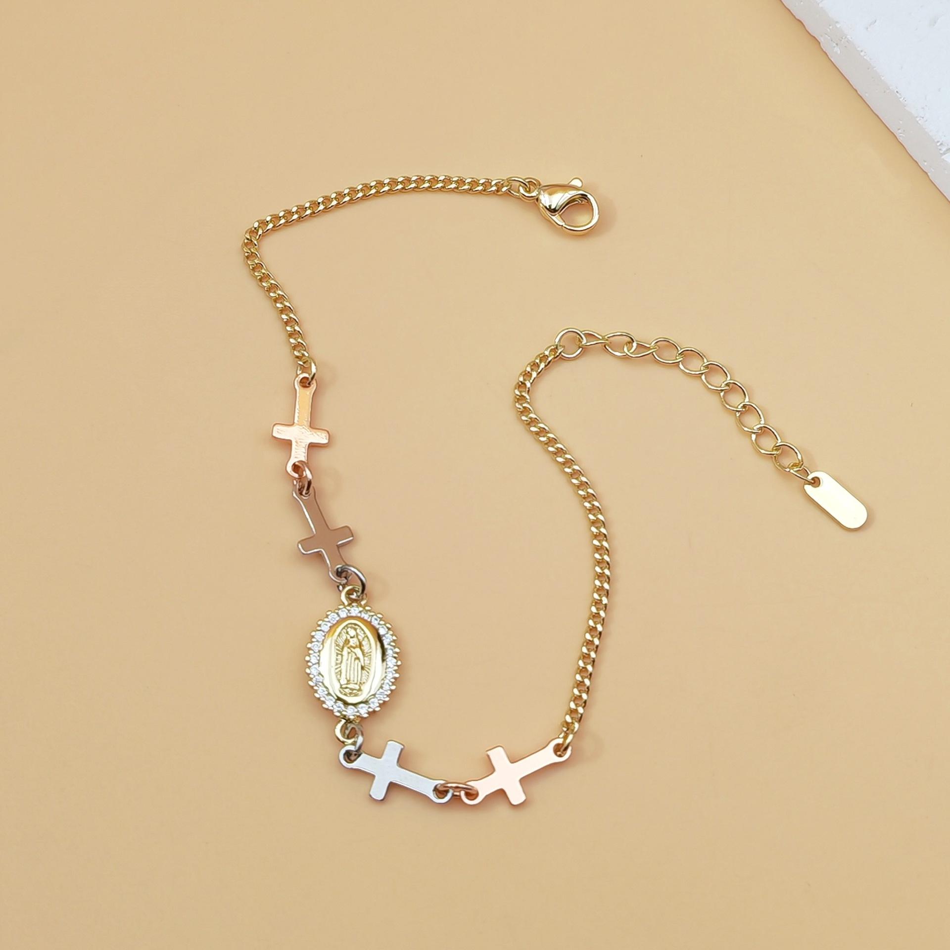 Beaded Virgin Mary Pendant Bracelet — Unisex Cross Jewelry