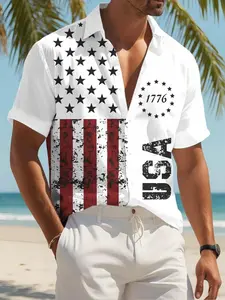 1776 Born Usa Split Vintage Flag Casual Button Shirt, Long Slim-Fitting Short Sleeve, Random Print, Unlined, Plain Surface