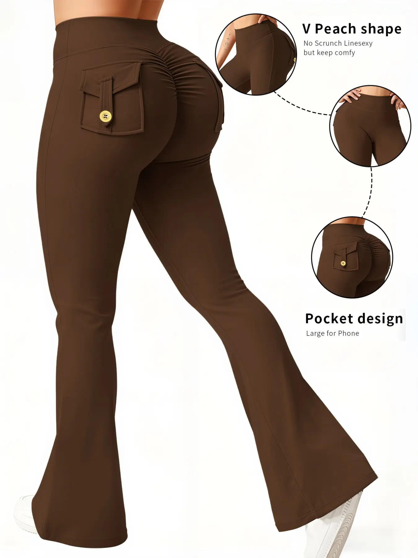 Women's High-Waisted Bell Bottom Yoga Pants, High Waist Sportswear, Back Pocket Design, Ruched Butt Lift, No Front Seam, High Elasticity, Side Pockets for Phone, Flared Yoga Bottoms