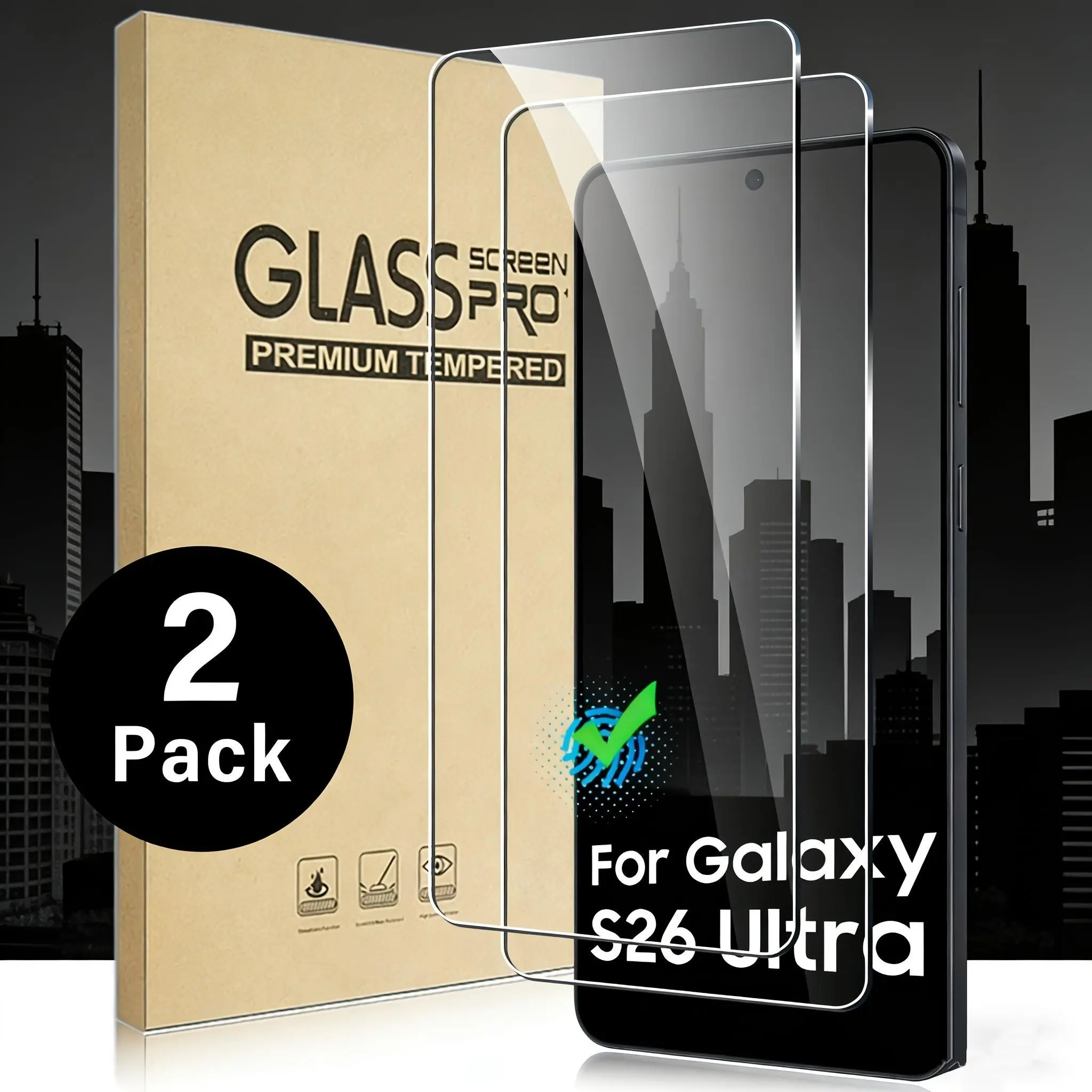 Samsung Galaxy S26 Ultra/s26+/s26/s25/s24/s23/s22/s21 Tempered Glass Protector Set, 2 Pieces, Finger Print Unlock, Anti-Scratch, Bubble-Free, Full Screen Coverage, HD Clarity