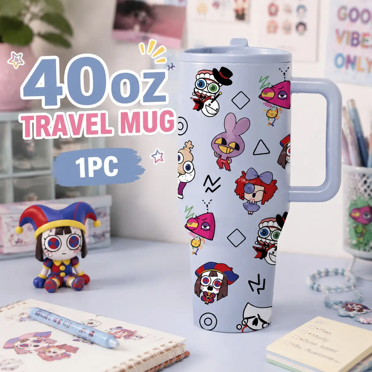 1 Pc 40oz The Amazing Digital Circus Colorful Cartoon Insulated Tumbler with Handle, Double Wall Vacuum Travel Mug, Cute Character Design Coffee Cup, Perfect for Office, School, Travel, Daily Use, Birthday, Christmas & Holiday Gifts