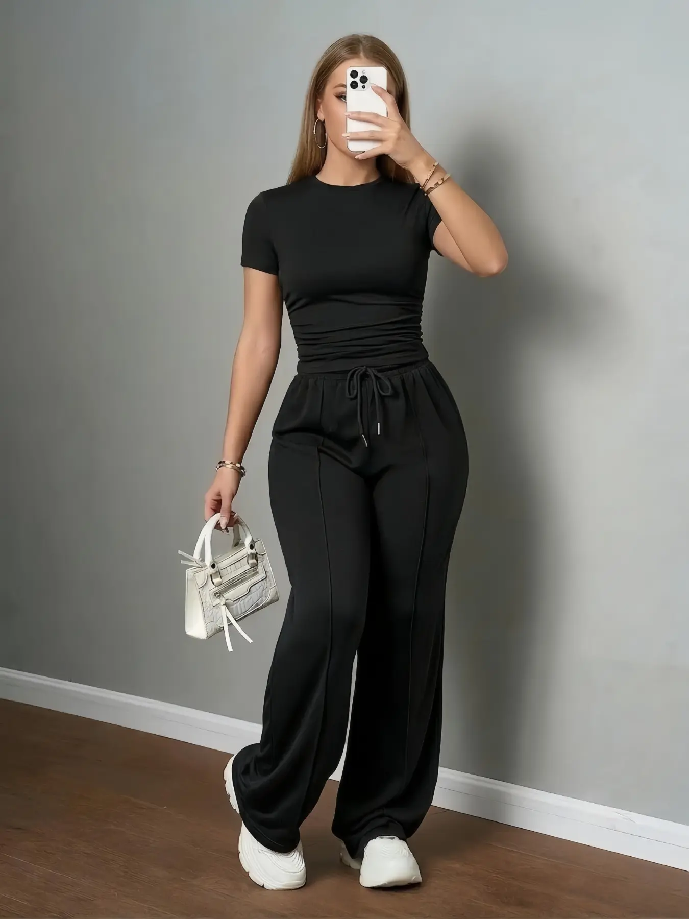 Women's Summer Two-Piece Set, Casual Solid Color Round Neck Slim Fit Short Sleeve T-Shirt & Drawstring Waist Straight Leg Pants, Outdoor Sports