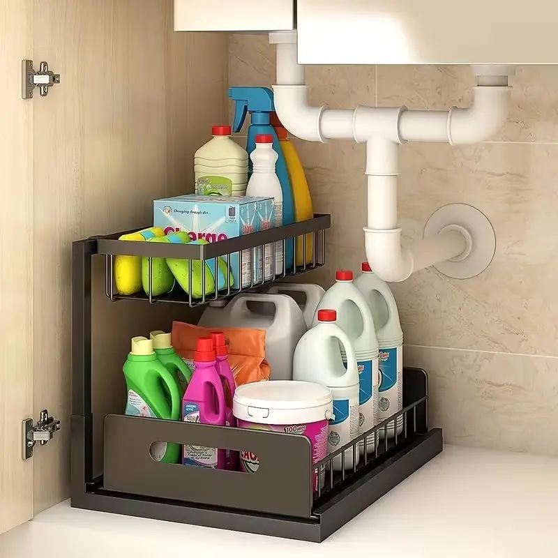 Multi-Functional Under Sink Storage Rack, Double Layer Slide Out Organizer with Smooth Metal Sliding Drawers, Practical Space Saving Shelf for Kitchen, Bathroom, Fridge & Cabinet Storage, Bathroom Organizing Accessories