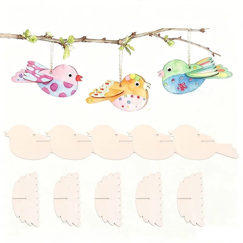 32counts/16sets 3D Wooden Bird DIY Assembly Hanging Ornament Set, Seamless Slot-Together Pre-Cut Components, Glue-Free Puzzle Style Handmade Craft, Blank Natural Wood Panel for Freestyle Painting, Perfect for Home Decor & Nature-Themed Party Accents