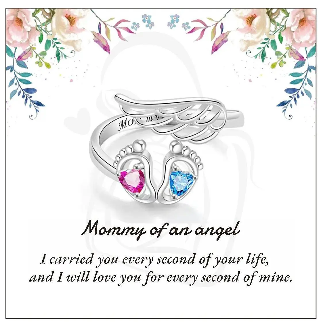 Elegant Angel Wing Cuff Ring for Women, Adjustable Memorial Keepsake with Engraved Baby Footprints, Sympathy Gift for Grieving Mothers, Cuff Bracelet, Angel Motif