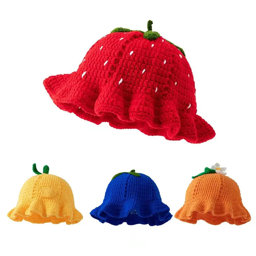 Hand-crocheted fruit-themed fisherman's hat, featuring strawberries, oranges, lemons, and blueberries, with a ruffled edge for a cute and breathable outdoor look., Acrylic Mix, All Seasons