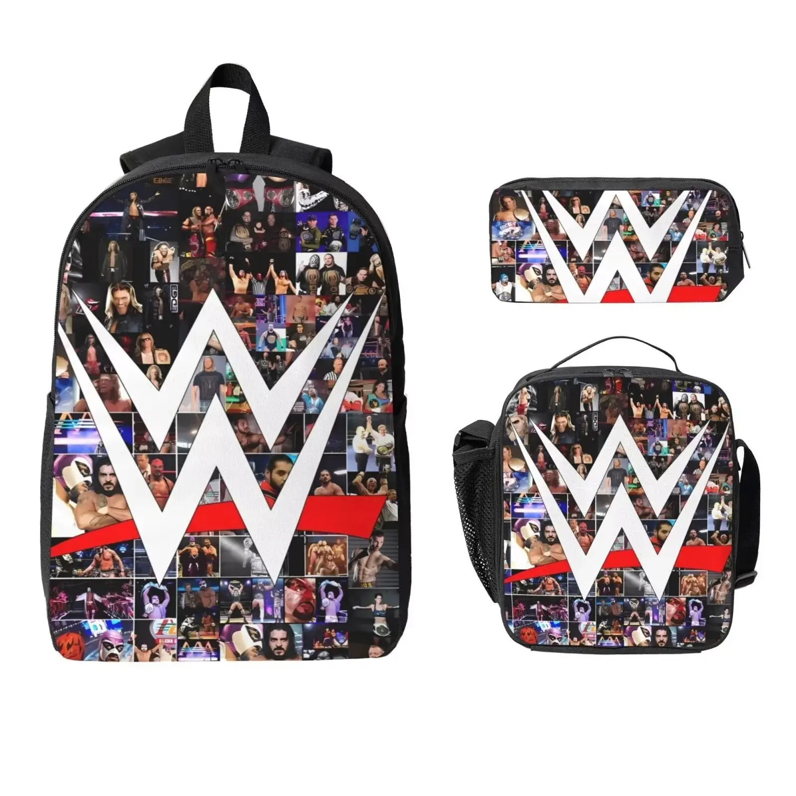Durable Water Resistant 3-Piece Backpack Set for Kids, Lightweight School Bag with Lunch Box & Pencil Case, Breathable Padded Straps, Large Capacity Fits 15-inch Laptop, Wrestler Photo Collage Graphic School Supplies for School & Outdoor Travel