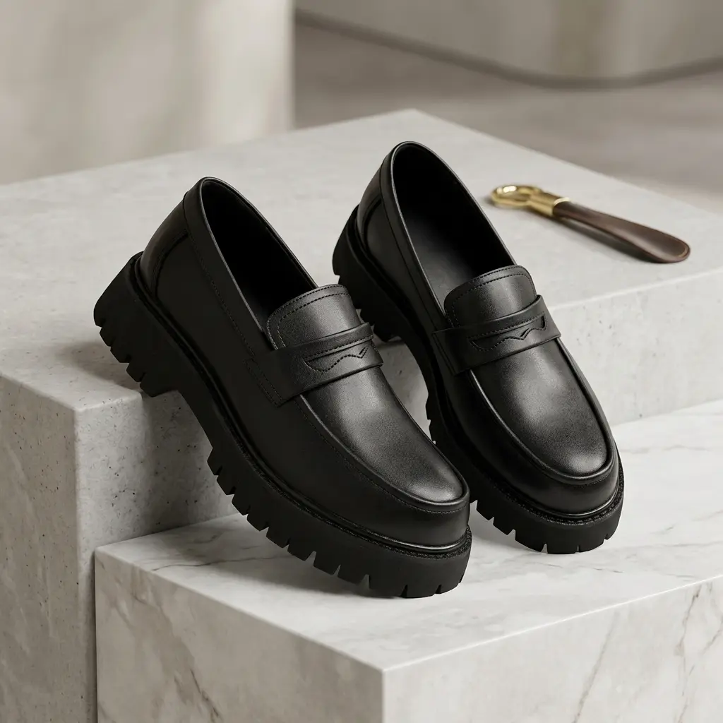 Men's Chunky Lug Sole Penny Loafers Classic Leather Platform Slip-On Shoes Men's Loafers Platform Casual Shoes Platform Chunky Slip-On Penny Leather Classic Round Toe Lug Sole Business Casual Formal Work Shoes for Men Dailly Wear