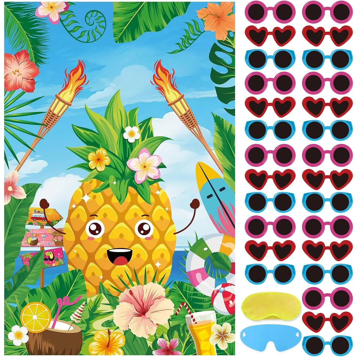 Hawaiian Luau Party  for  Pin The Sunglasses  The Pineapple with 27 count Sunglasses Stickers, Large Summer Tropical Pineapple Poster for Hawaiian Birthday Party Supplies