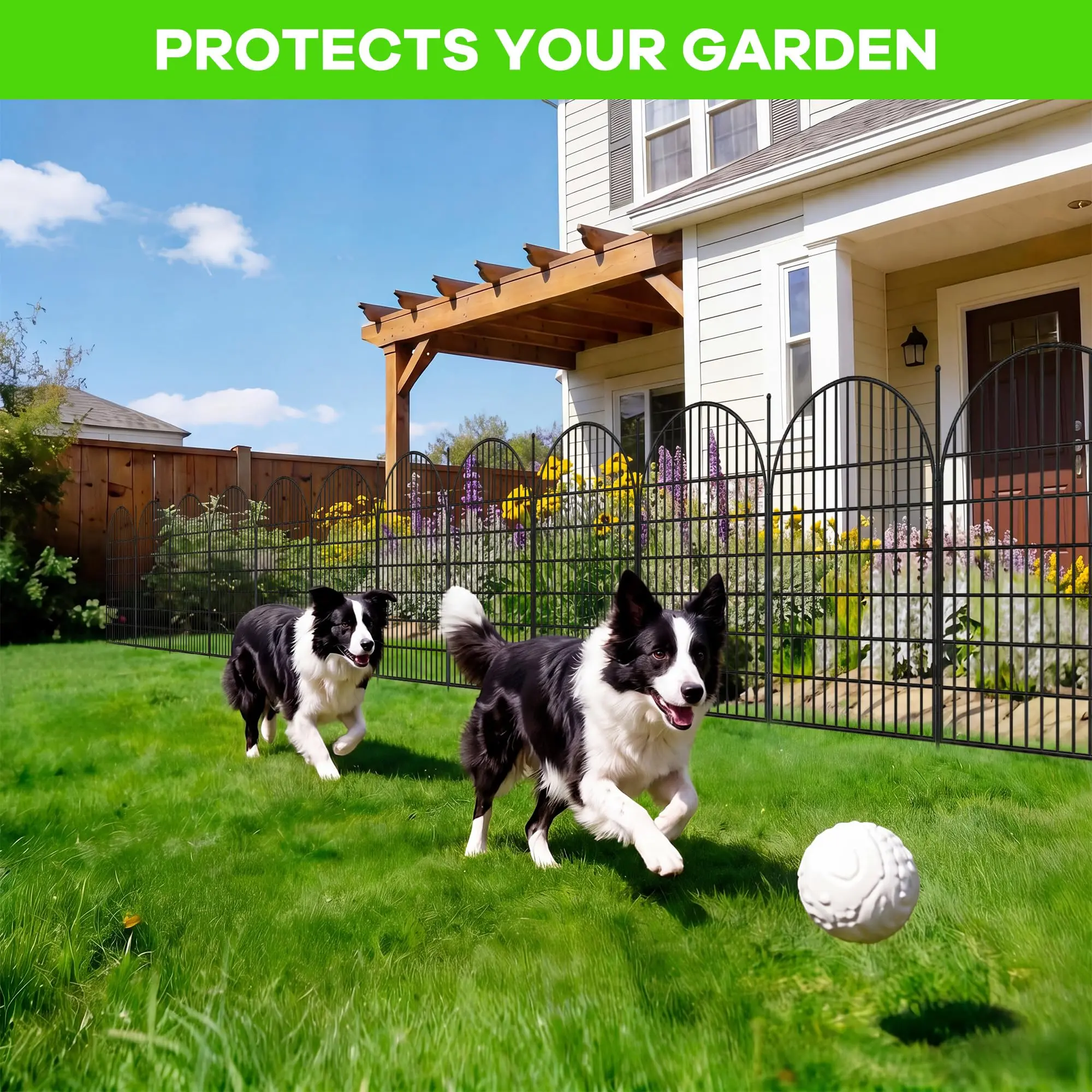 No-Dig Metal Garden Fence - Decorative Outdoor Animal Barrier - Rustproof, Easy Install, Black - Yard, Patio, Dog Playpen - 40in H x 23.6ft L - 10 Pack Without Door