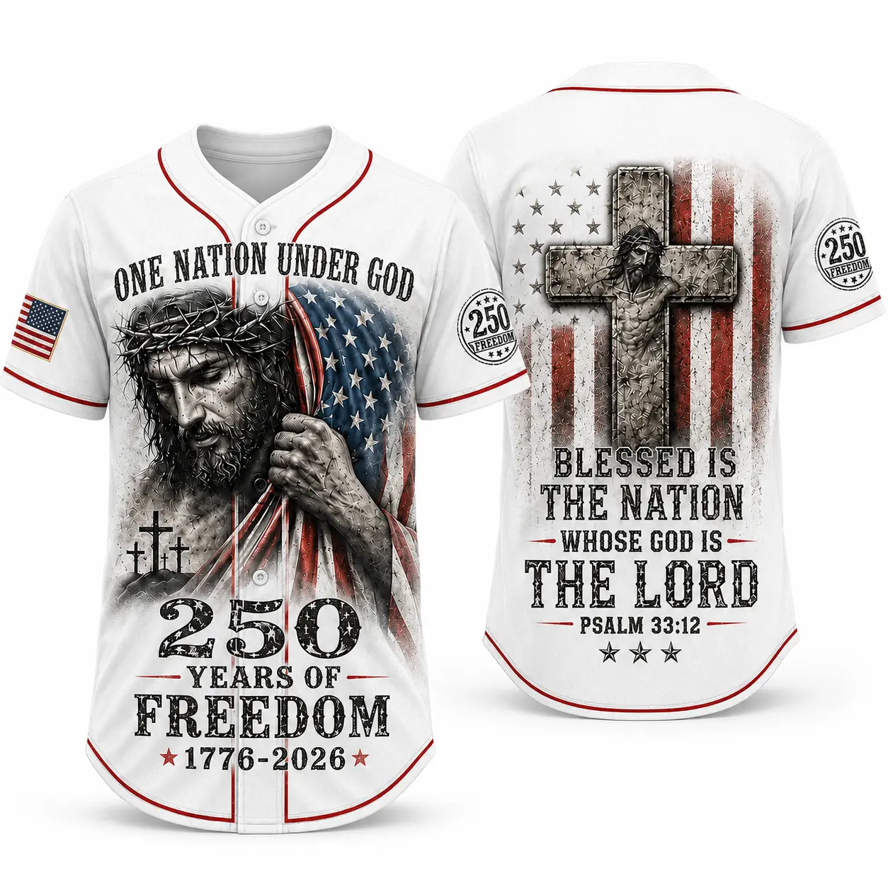 Faith-Inspired Graphic Jersey Baseball Shirt - Men's/Women's White 250-Year USA Freedom Polyester Button-Up, US Pride/Nation Pride Christian Cross Flag, 4th of July Lightweight Fashion Jersey Shirts Sportswear