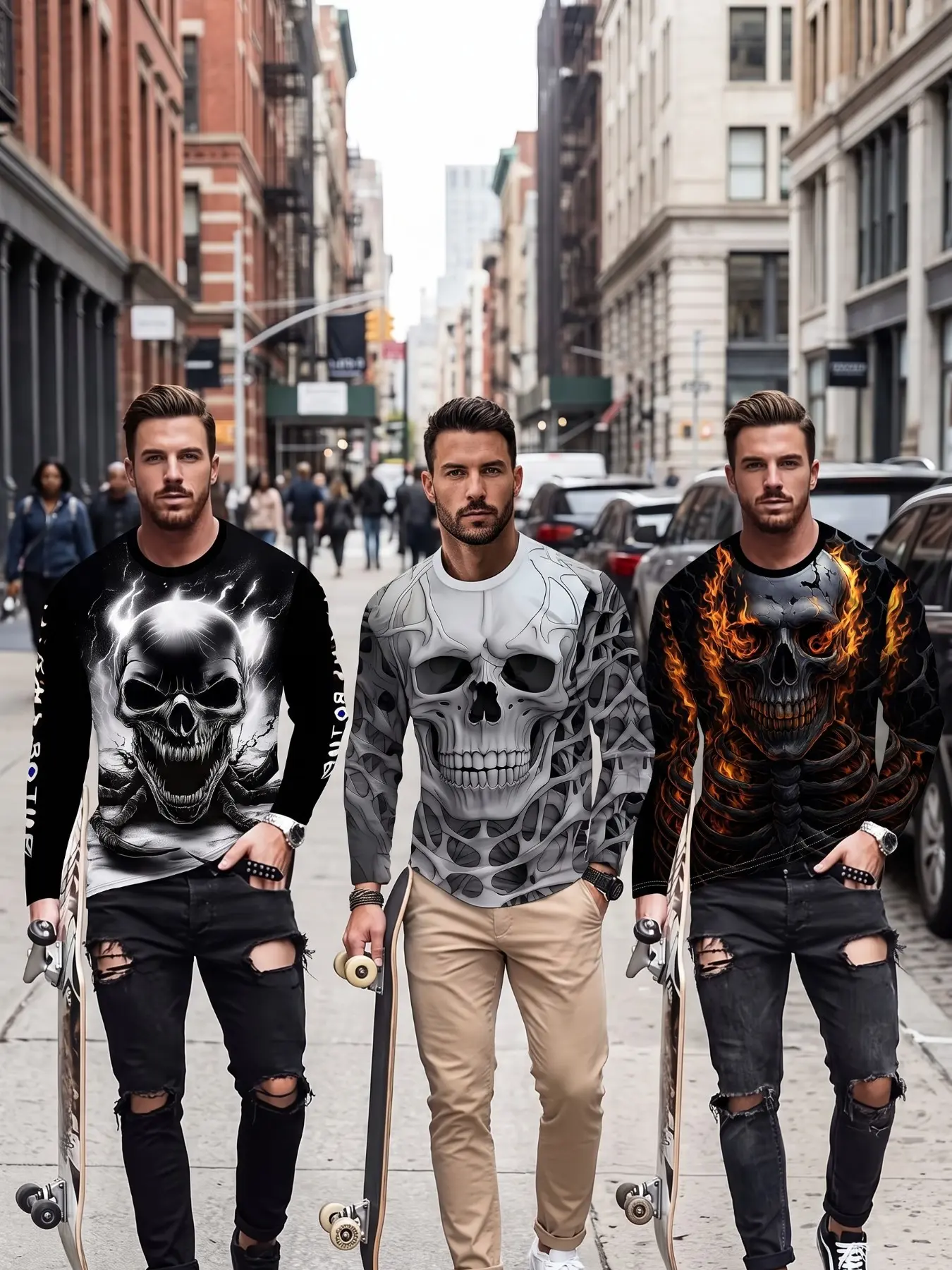 3-Pack Men's Dark 3D Skull Print Long Sleeve T-Shirts, Streetwear Lightning Flame Skeleton Pattern, Slim Fit Skateboard Style Tees