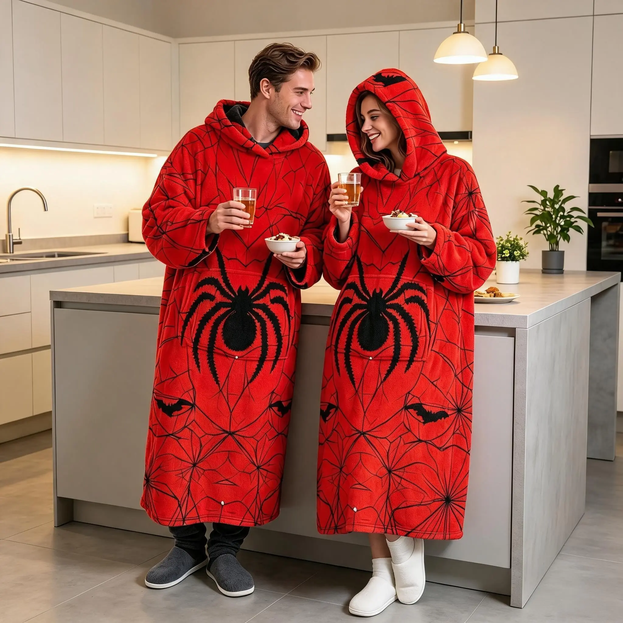 Halloween Print Flannel Wearable Blanket, Loose Hooded Sleep Robe, Large Pockets, Cozy Home Jacket, Fun Halloween Gift