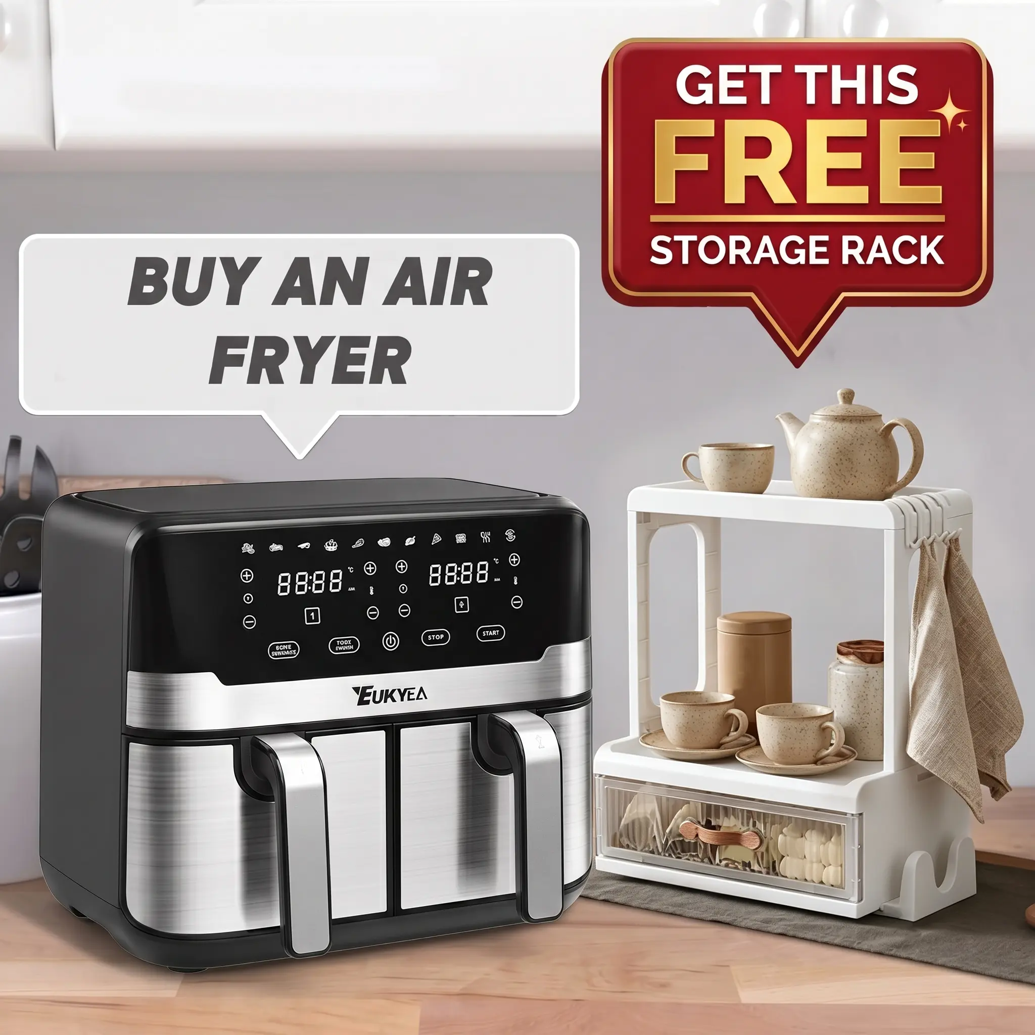 BUY AIR FRYER, GET AN UPGRADED STORAGE RACK FREE! This isn't just any rack – it's a PREMIUM kitchen organizer with extra shelves for all your spices, oils, and gadgets. 9.5L large capacity air fryer + FREE upgraded storage rack =  DEAL on TikTok!