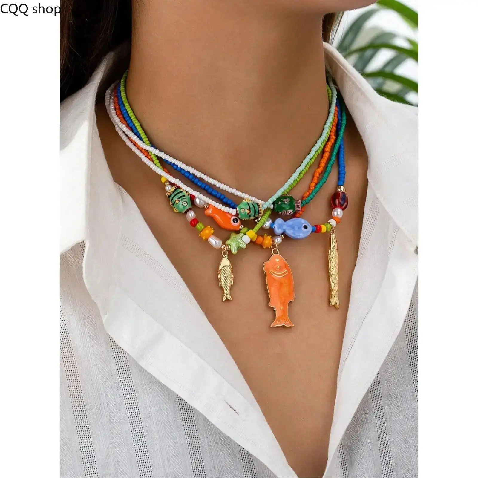 5-piece set Women's Elegant Colorful Beaded Necklace Set, Trendy Marine Life Charm Layered Statement Necklaces, Adjustable Tarnish-Proof Jewelry Gift for Girlfriends summerwins, Adjustable Beaded Design, Assorted Beaded Necklaces