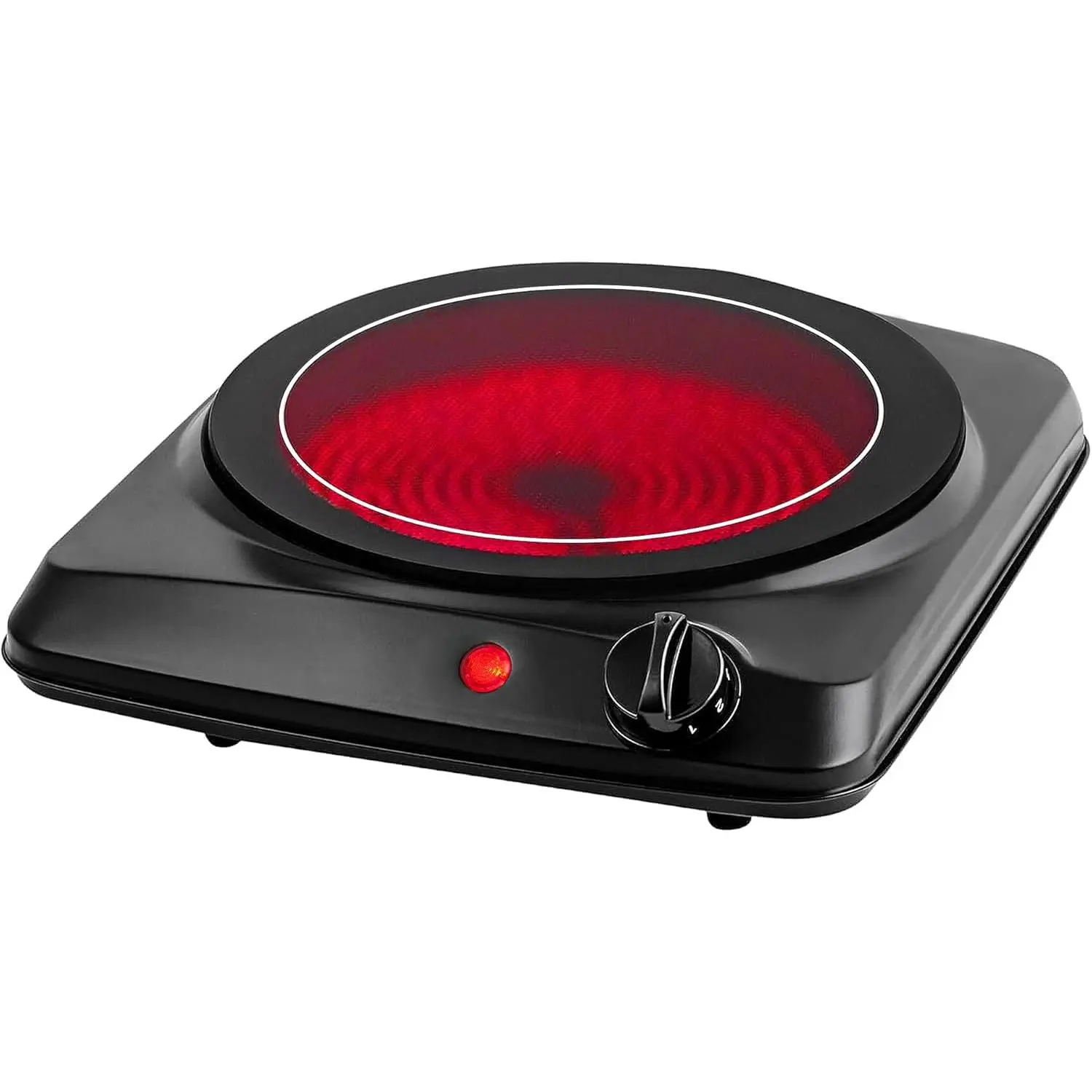 1000W Circular Shape Infrared Round Burner, Black Countertop Electric Hot Plate BGI101B - 7 in Glass Top, 5-Level Temperature Control, Easy-Clean Base for Home Users