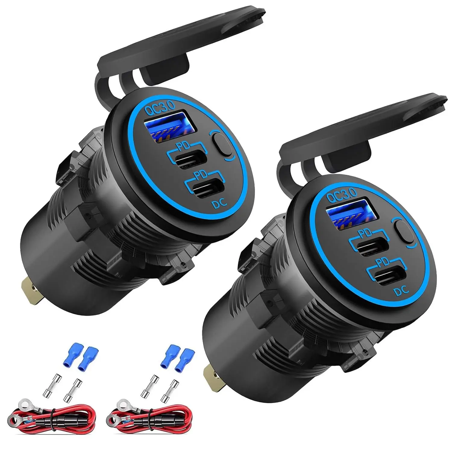 2 Pack 12V USB Outlet Wired Charger Multi Port, Dual PD3.0 USB-C and Quick Charge 3.0 Car Port Socket with Power Switch, Fast Charger for Cell Phone Tablet, Suitable for Car Boat RV Marine ATV