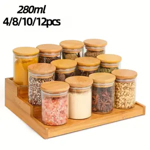 4/8/10/12 Pack 280ML Airtight Clear Glass Spice Jars, Natural Bamboo Lids, Food Grade Kitchen Storage Containers for Spices, Herbs, Salt, Sugar, Tea