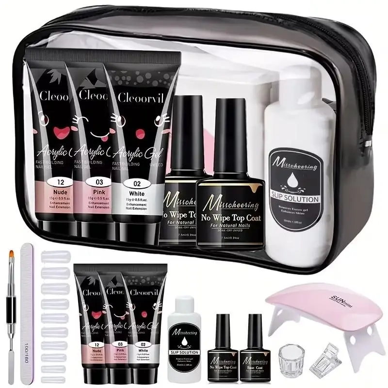 12Pcs Poly Nail Gel Tool Set Includes Pink, Nude, And White Colors, Fast Building Nail Gel with Mini UV Nail Lamp, Slip Solution, Nail Forms, Base Top Coat, And Other Essential Tools for Creating Natural Nail Extensions And - All-In-One Manicure Set