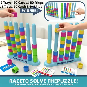 Color Stack Challenge Game, Fast-Paced STEM Color Sorting and Stacking Puzzle for Kids Ages 3–8, with 2 Trays, 50 Double-Sided Challenge Cards and 80 Rings