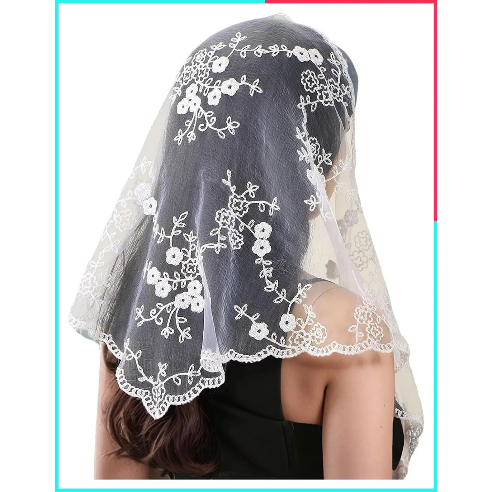 Elegant Floral Sheer Tulle Triangle Chapel Veil with Lace Edge - Wedding Mantilla for Church and Daily Use