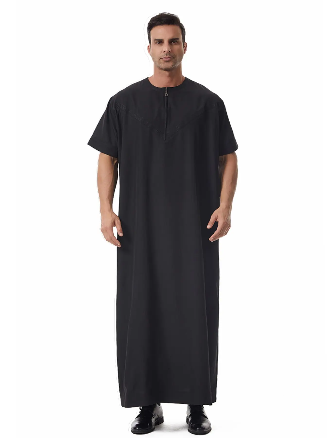 Summer Men's Short Sleeve Traditional Arabic Robe, Middle East Muslim Casual Long Robe, Breathable Loose Fit Men's Long Thobe, Ethnic Clothing