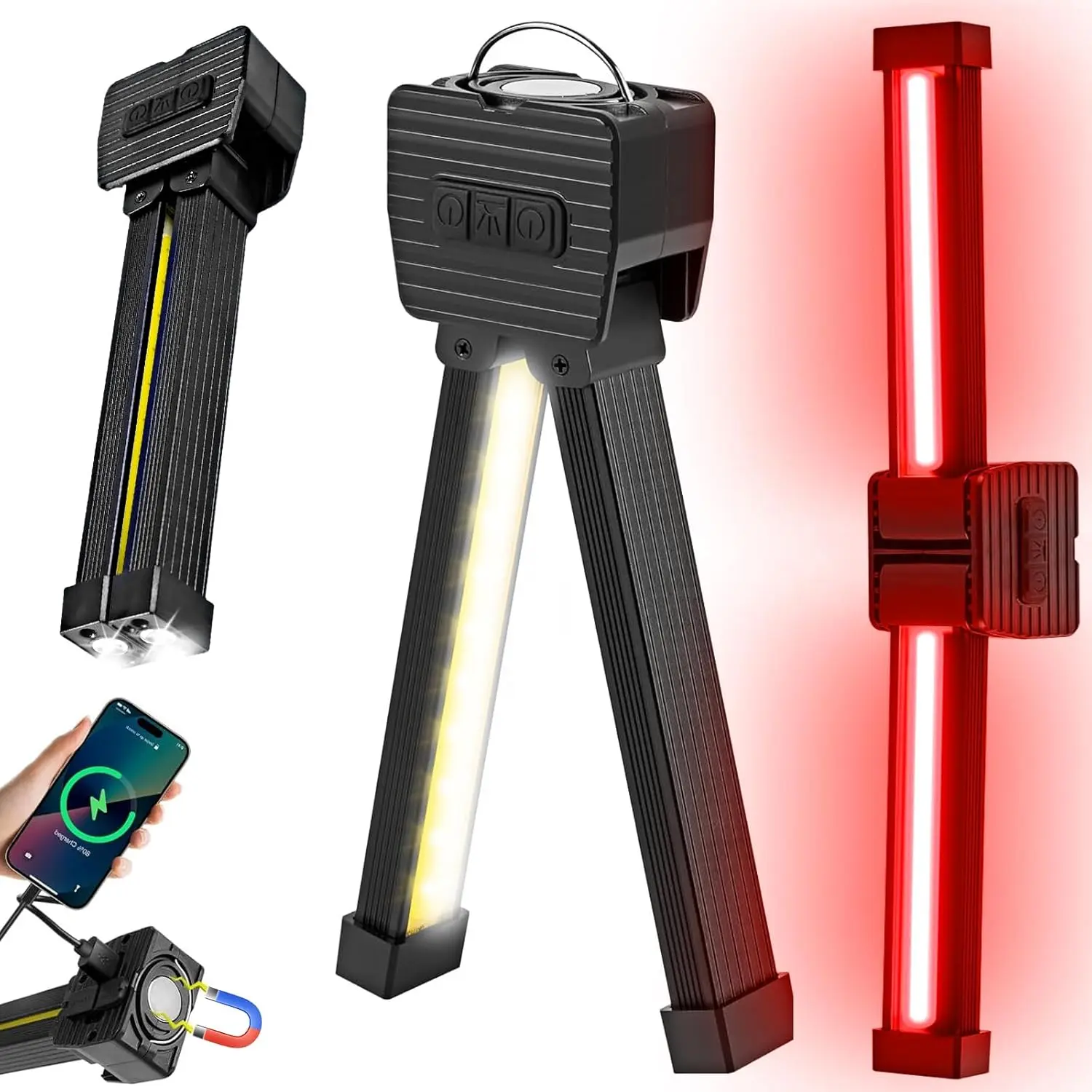 Rechargeable Magnetic Portable Gym Lamp - 180° Rotate Foldable Size with Magnetic Hook, Camping Hiking Lighting, Handheld LED Rechargeable Flashlight, Posing Work Light, Hanging Hook (Black)
