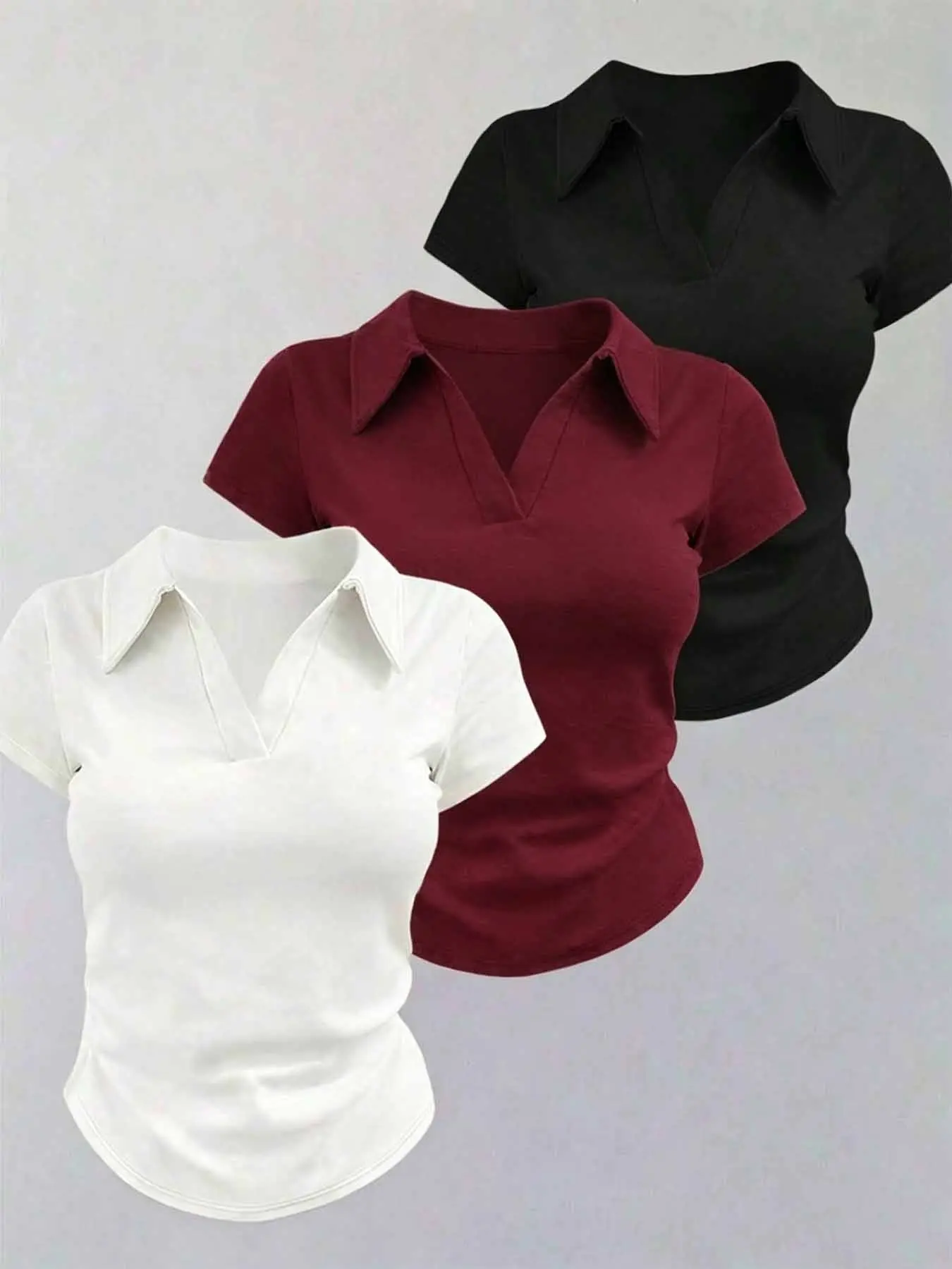 Women's Three-Piece Set Polo Neck V-Neck T-Shirts, Slim-Fit Casual Short Sleeve Tops, Y2K Style, Multi-Colors, Versatile Fashion