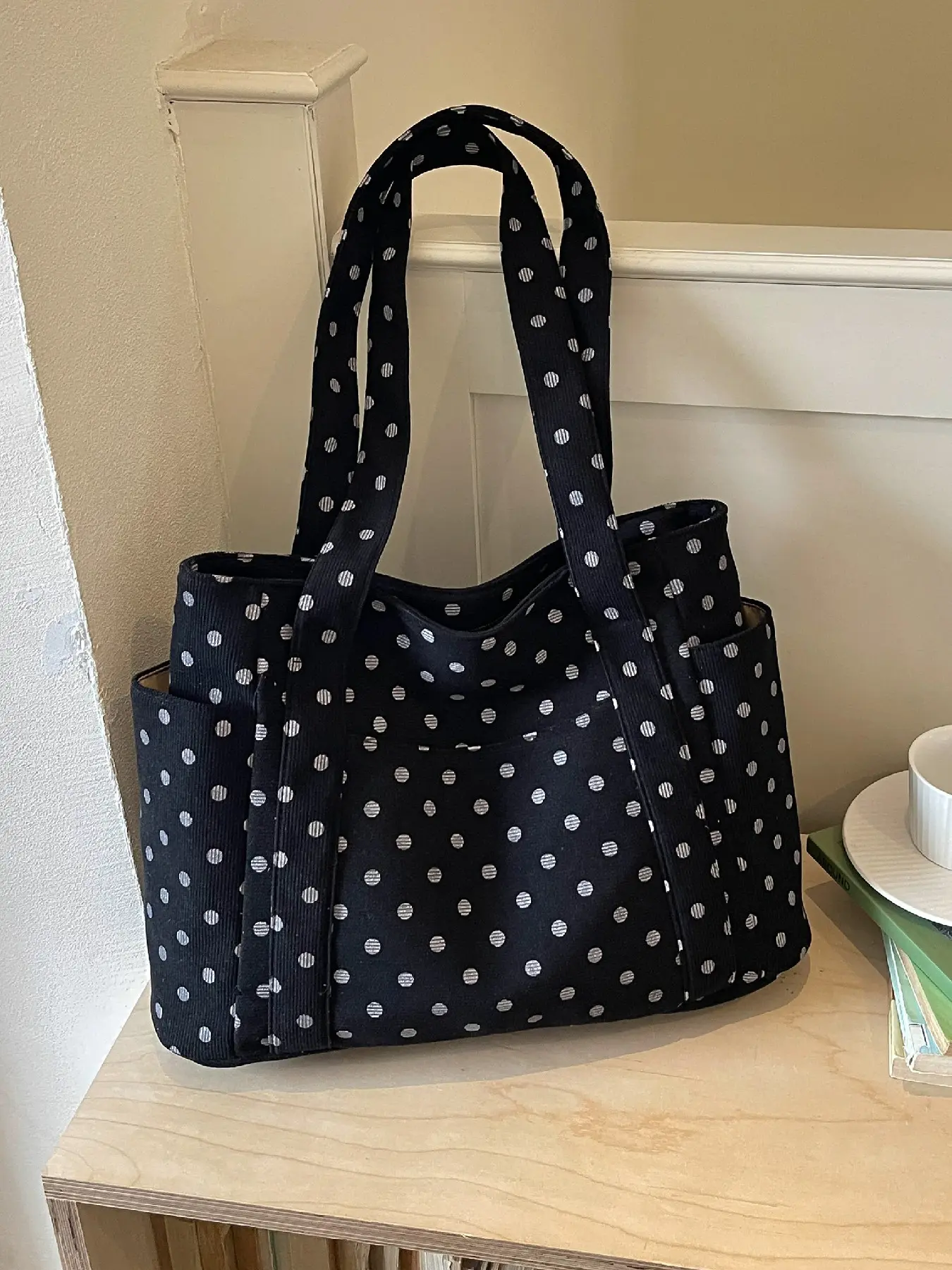 Retro Minimalist Polka Dot Pattern Multi-Pocket Tote Bag, Women's Casual Daily Commuter Versatile Shoulder Bag