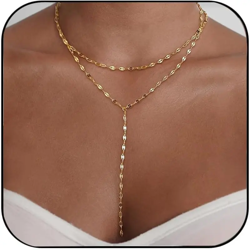 Women's Gold Layered Y-Drop Lariat Choker Necklace - 2-Tier Dainty Sparkly, Adjustable Chain Jewelry Necklaces, Layered Gold Chains for Everyday Wear, Trendy Gift for Women