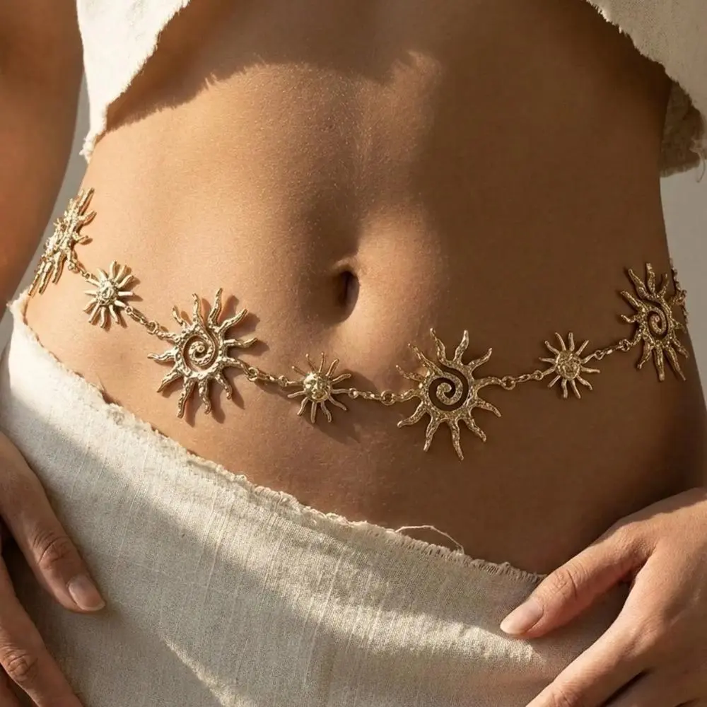 Vintage Smile Gold Sun Dual Layer Waist Chain, 60-105cm Adjustable Metal Belt, Perfect for Formal Dresses Jeans Casual Pants Daily Wear, Chain Accessory, Body Jewellery, Adjustable Belt, Metal Chains