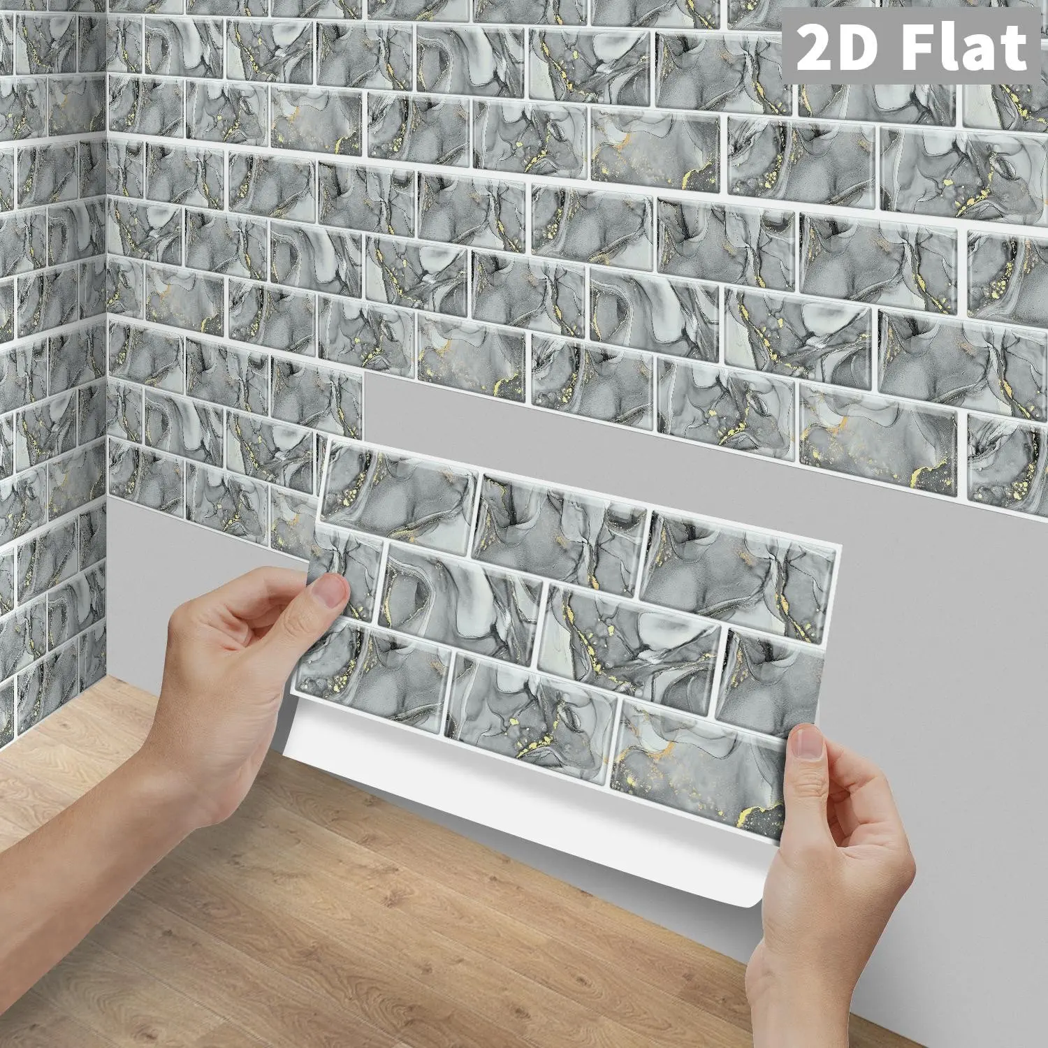 6/12/24/48Pcs FG Light Grey Gold Marble Peel and Stick Backsplash Tiles, Waterproof Self-Adhesive PVC Crystal Wall Stickers for Kitchen Bathroom DIY Decor, Marble Pattern Stickers