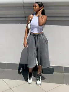 Women's Washed Loose Wide Leg Pants, Casual Elastic Drawstring Waist, F Fitted Shorts with Frayed Hem, Seven-Quarter Length