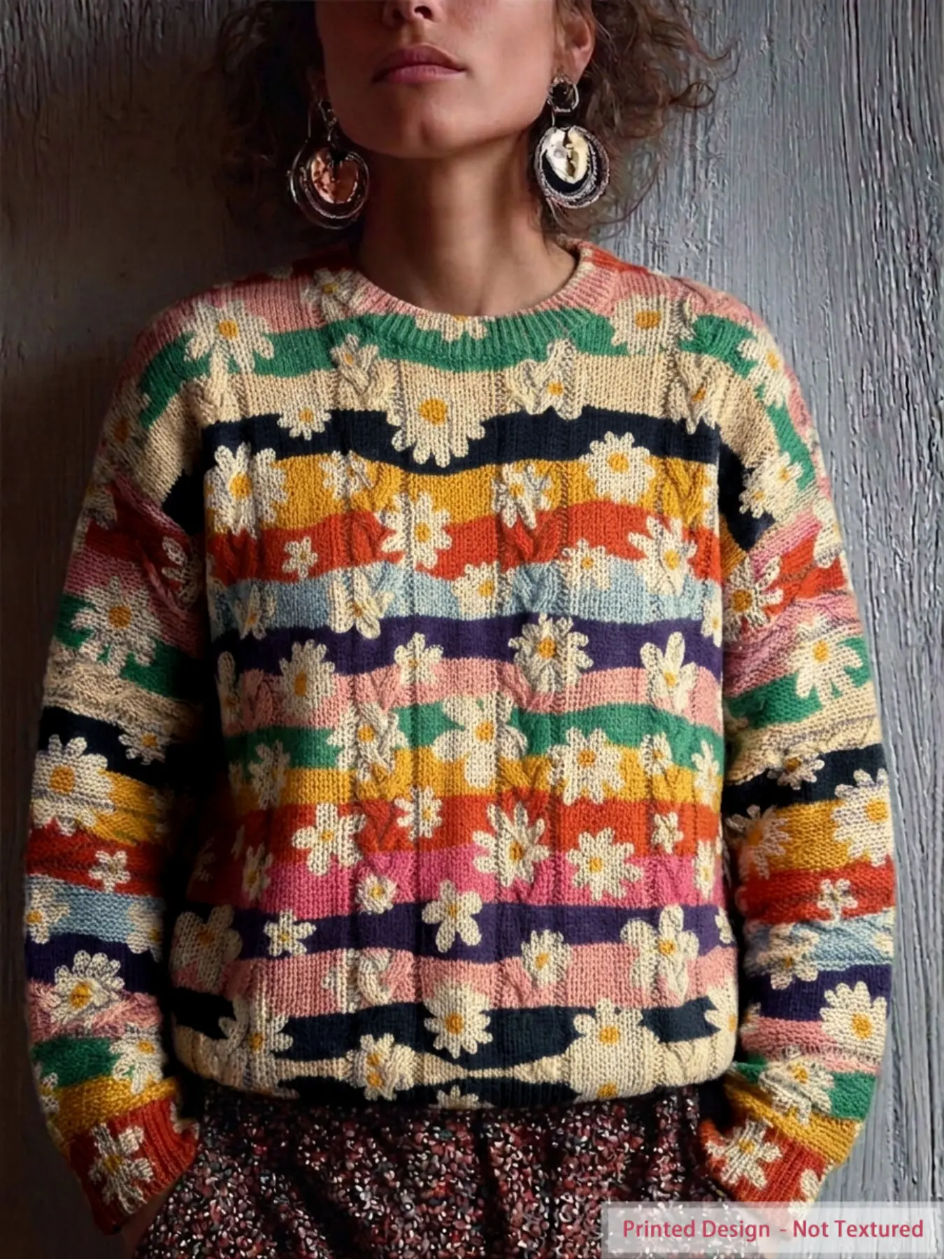 Women's Knitted Long Sleeve Crew Neck Fitted Pullover Sweater, Printed Floral Bohemian Rustic Vintage Print, Ribbed Knit Casual Vibe, Soft Comfortable Stretchy Fabric, Perfect for Daily Wear, Home Casual Wear, All Seasons Warm Cozy Sweater