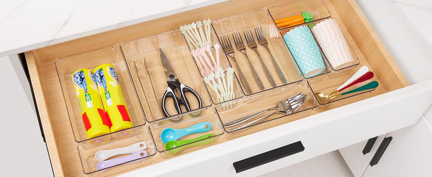 44 PCS Clear Plastic Drawer Organizers Set, 4-Size Versatile Bathroom and Vanity Organizer Trays, Non-Slip Storage Containers for Makeup, Jewelries, Bedroom,Kitchen Utensils and Office