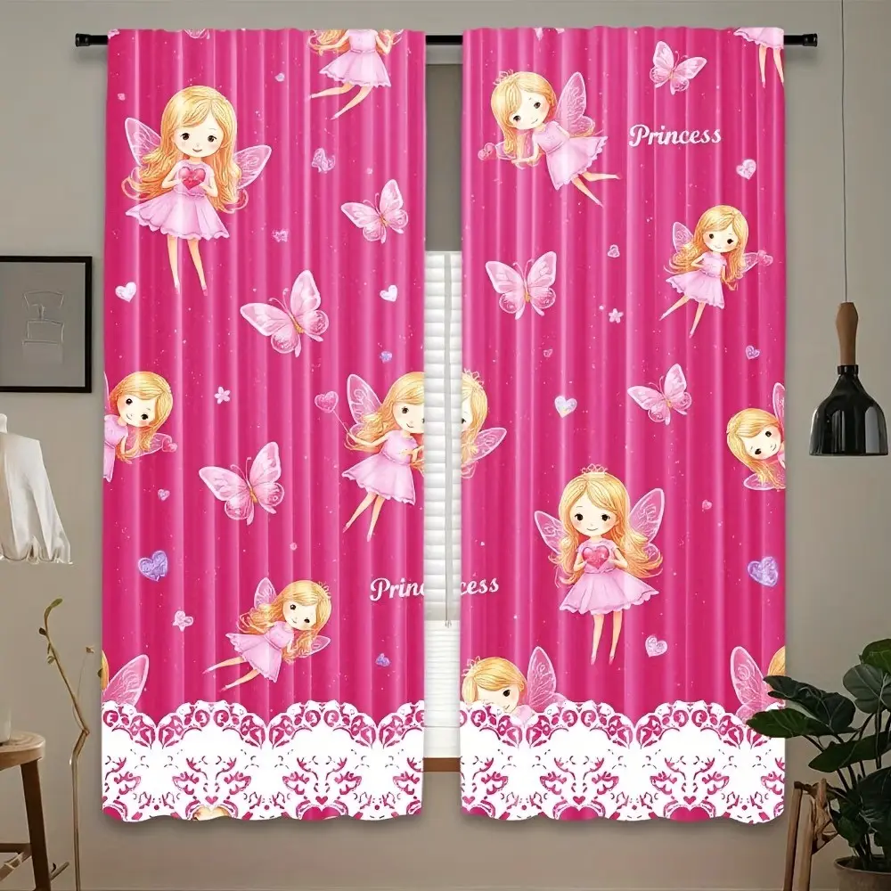 2-Pack Elegant Princess Fairy Flower Heart Pattern Curtains, Lightweight Transparent Polyester, Rod-Pass Design, Ideal for Bedroom, Living Room, Office