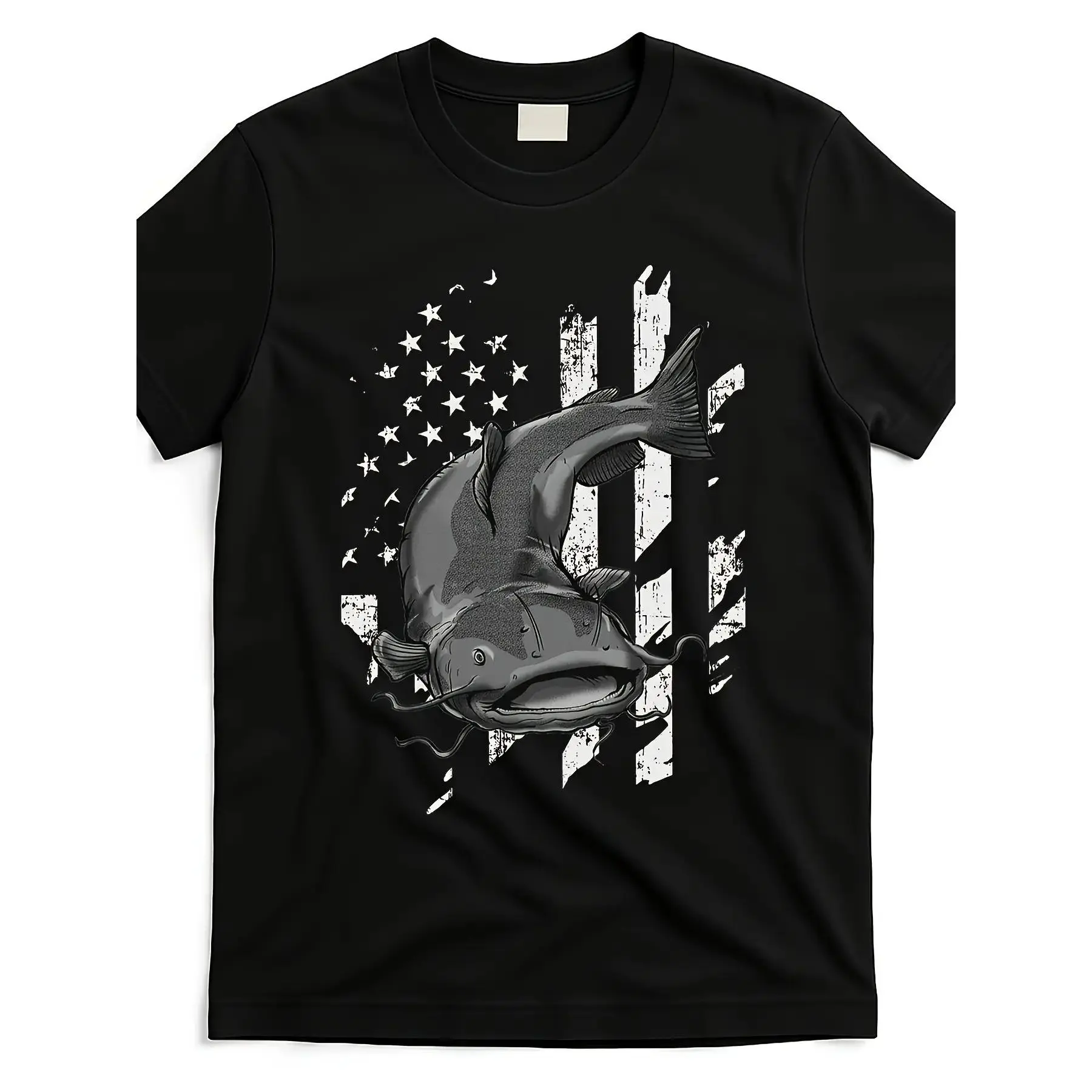 Unisex Short-Sleeve American Flag Catfish Angler Crew Neck T-Shirt, Patriotic Fishing Graphic Fabric Tee, Soft Breathable Vintage Americana Apparel for Independence Day Fishing Trips & Everyday Wear