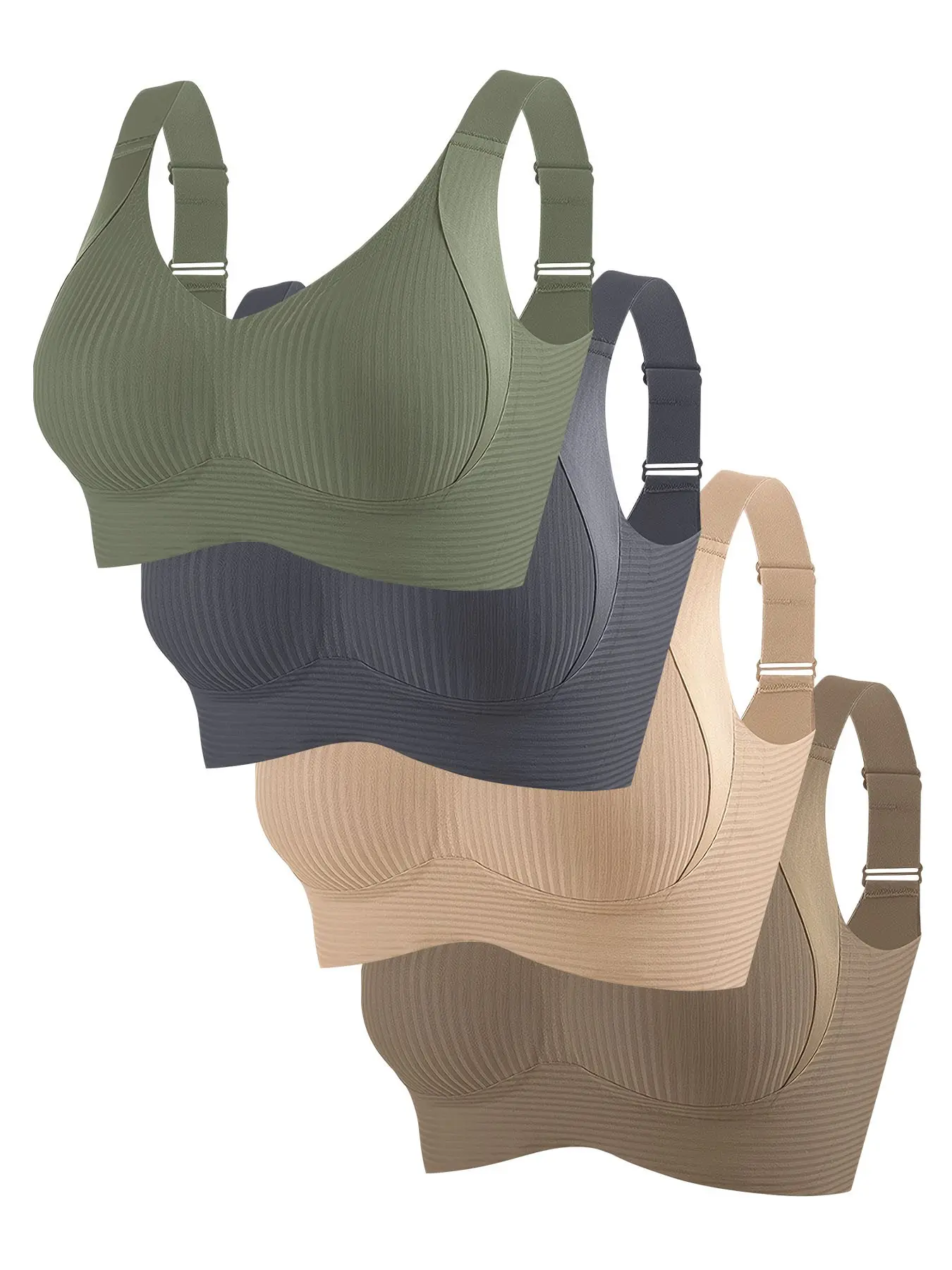 Women's Wireless Everyday Bra Set, Seamless Adjustable Straps, Fixed Pads, Soft Breathable, Full Coverage, Casual Fitted Underwear, 4 Pieces