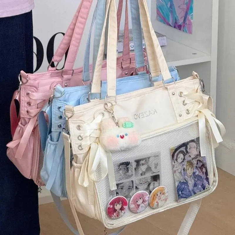 College Style Crossbody Bag with Ribbon Large Capacity for Class Book Carrying Mailman Bag Girls Bow JK Shoulder Ita Bag Handbag