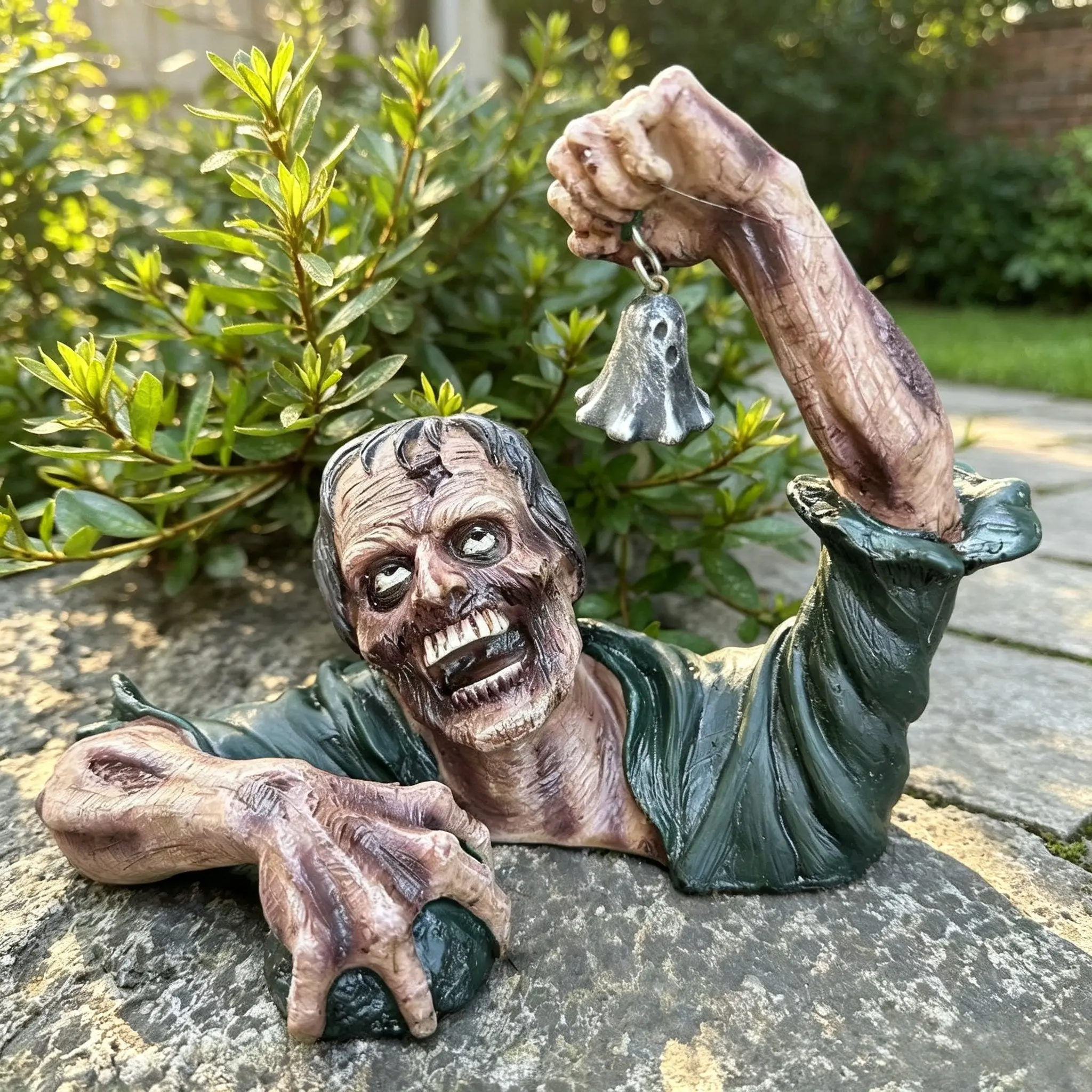1PC Ground Crawling Zombie Garden Statue with LED Lantern/Bell, Spooky Resin Zombie Figurine for Outdoor Lawn & Yard Decoration, Halloween Patio Ornament Gift