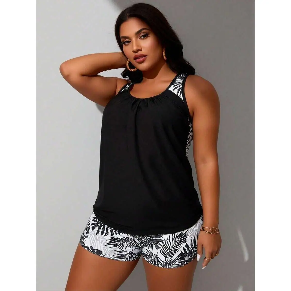 Women's Plus Size 2-Piece High Waisted Black Palm Leaf Print Racerback Tankini Swimsuits, Knit Fabric, Machine Washable, Two-Pieces