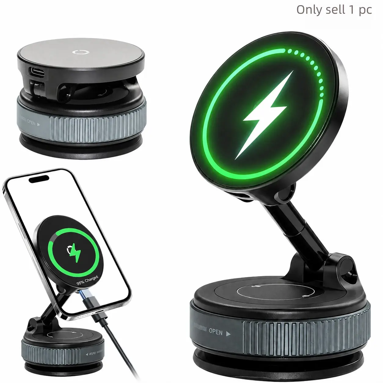 15W MagSafe Wireless Car Charger Mount, Car Charging Dock, Strong Vacuum Suction Cup Phone Holder with 360° Adjustable Folding Arm, Magnetic Charger for iPhone 12-17 Pro Max, Car Gadgets