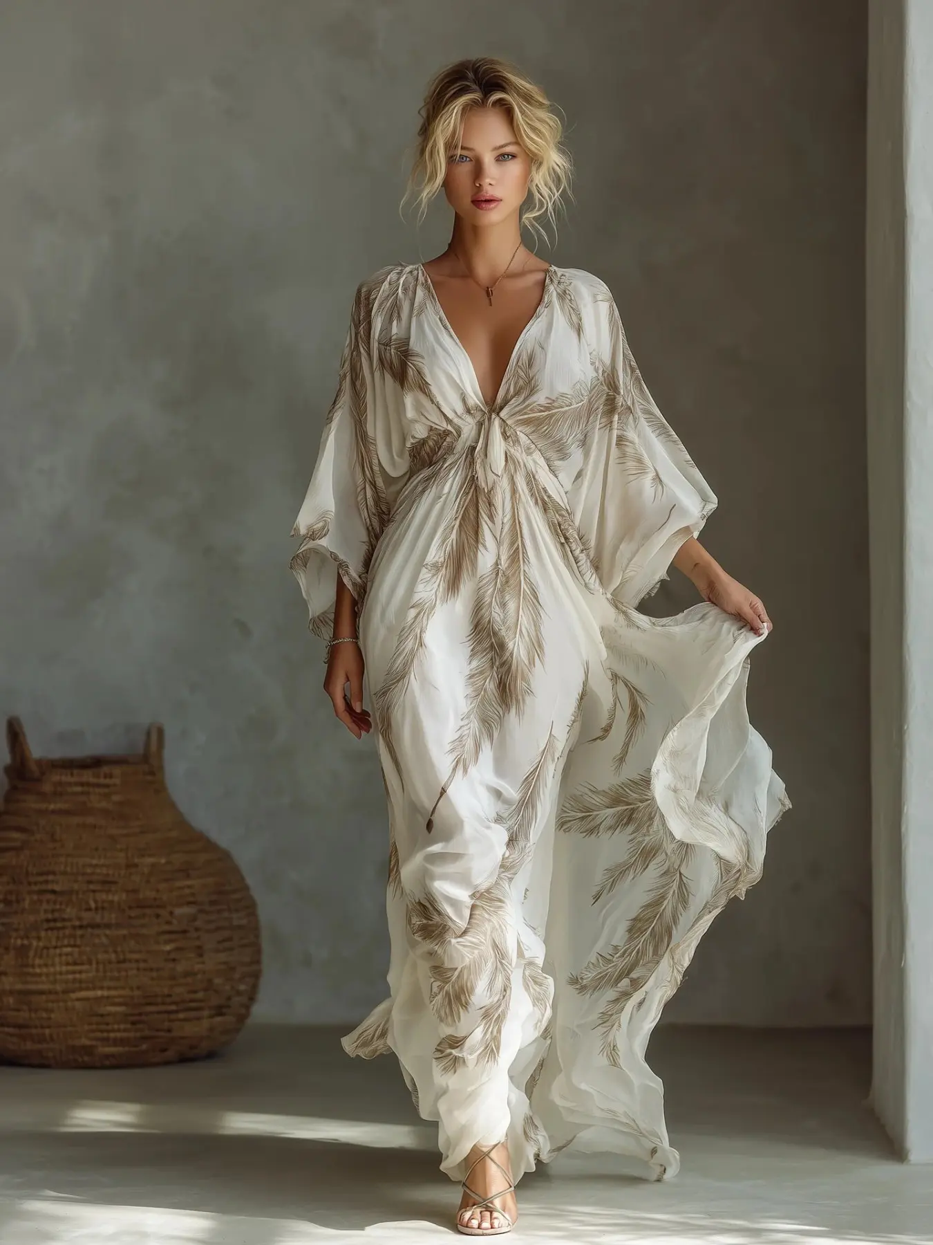 2026 New Summer Fashion Vintage Feather Print Dress, V-Neck Three-Quarter Sleeve, Fitted Long Elegant Party Gown