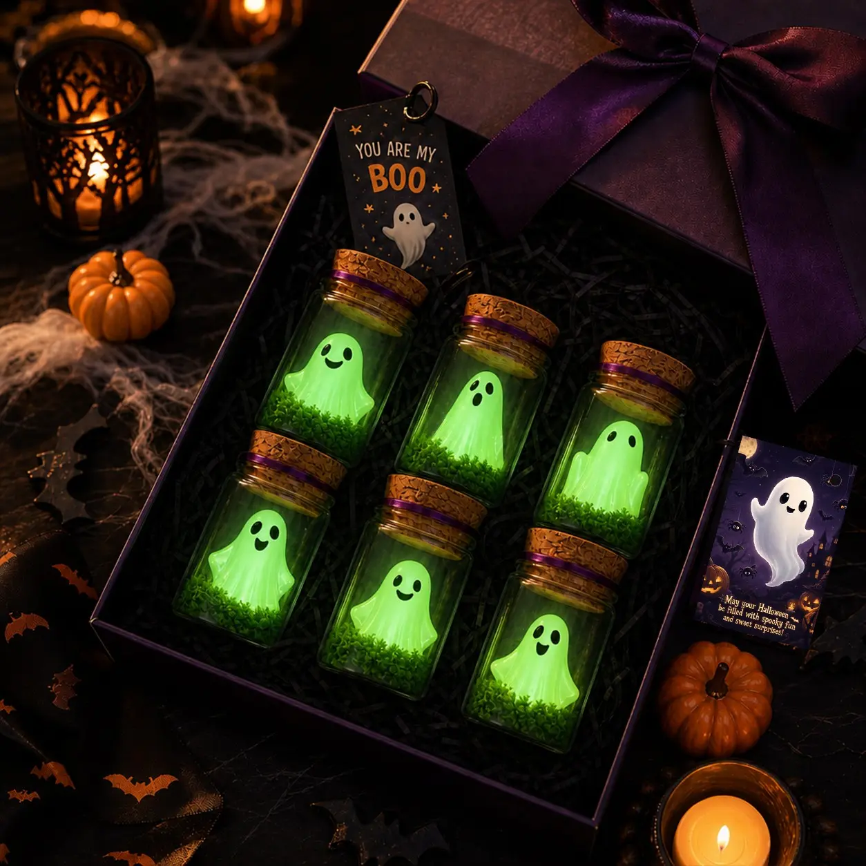 20-Piece Halloween Ghost Wish Bottle Set, Glowing Mini Ghost Jar Decor, Includes Moss, Cards, Tweezers, Twine, Cute Spooky Party Favors & Gifts, Goodie Bag Fillers