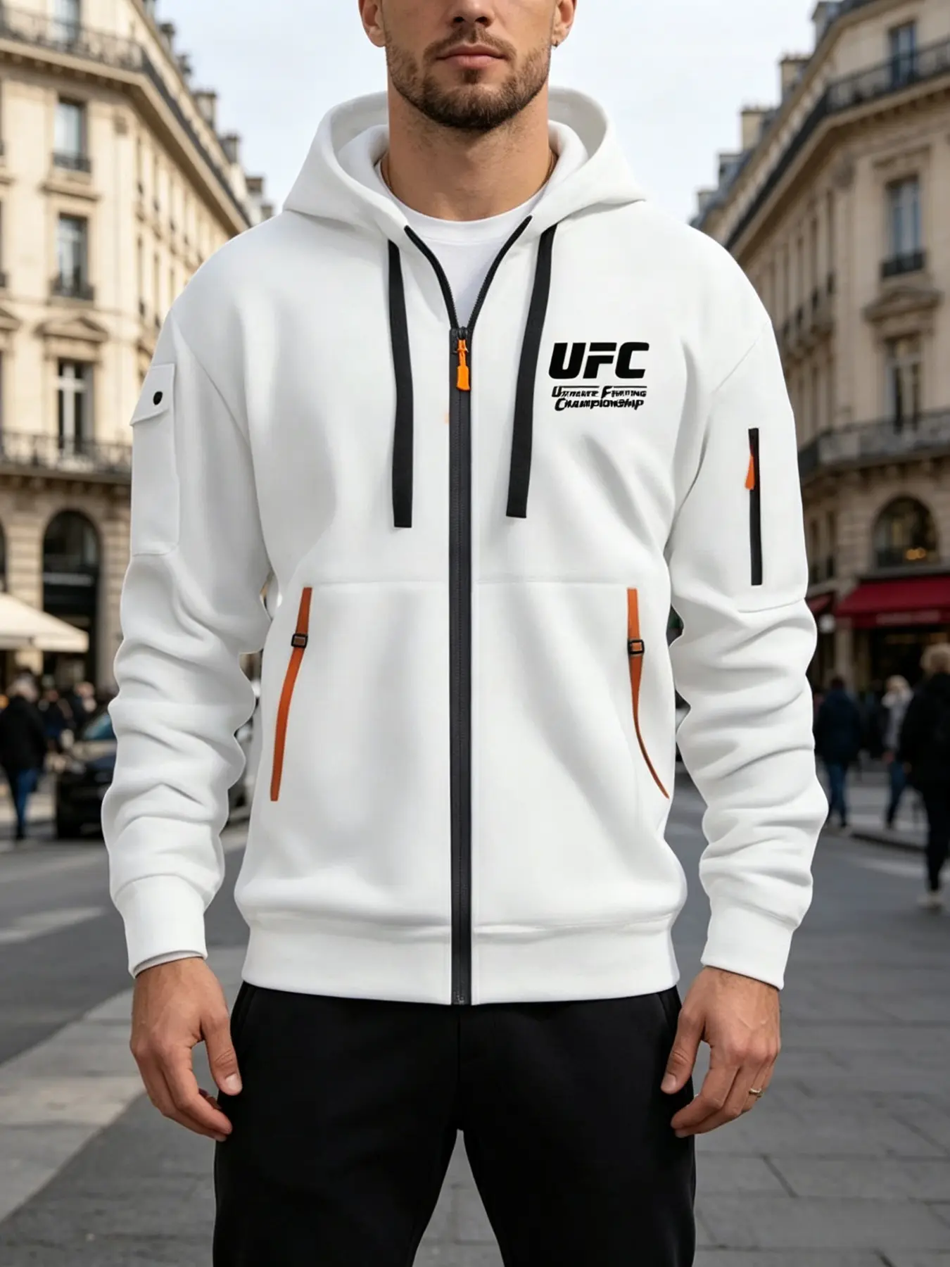 Men's Ufc Print Hoodie with Drawstring, Full Zipper, Pocket, Casual Streetwear Sweatshirt, Casual Fall & Spring Sweatshirt, Comfortable Daily & Outdoor Wear, Athletic Loose Hoodies