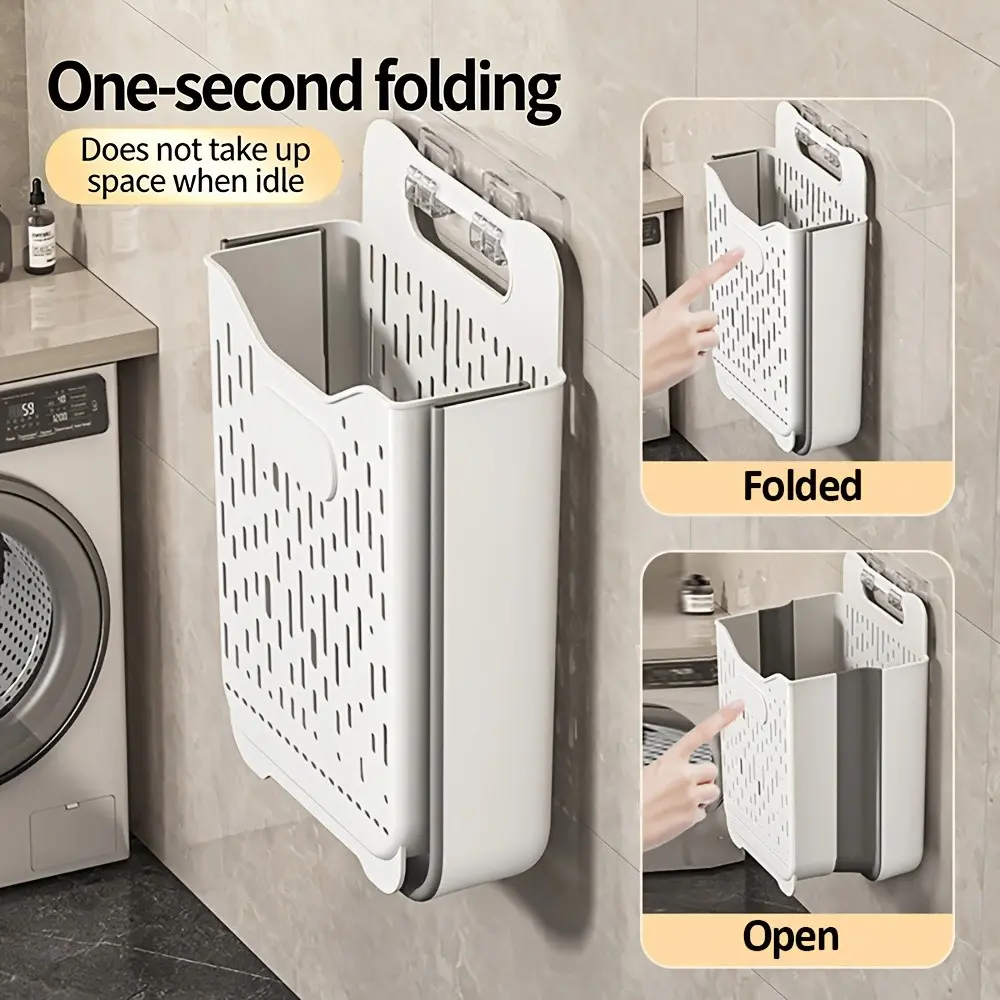 Foldable Wall-Mounted Storage Basket, Space-Saving, No-Drill Adhesive, Large Capacity, Ideal for Bathroom, Bedroom, Small Homes, Renters, Laundry Storage